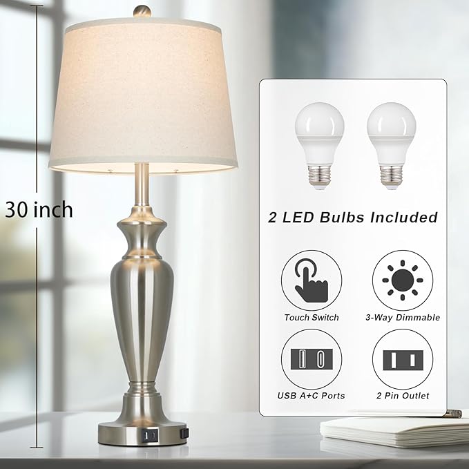 30" Tall Silver Table Lamp for Living Room, 3-Way Dimmable Touch Control Bedside Lamp for Bedroom Nightstand with USB A+C Ports & AC Outlet (1 Pack)
