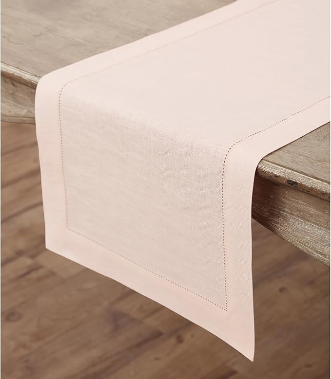 Solino Home Linen Pink Table Runner 60 Inches - Classic Hemstitch, 100% Pure Linen Coffee Table Runner 14 x 60 Inch Ideal for Dresser Tables - Christmas