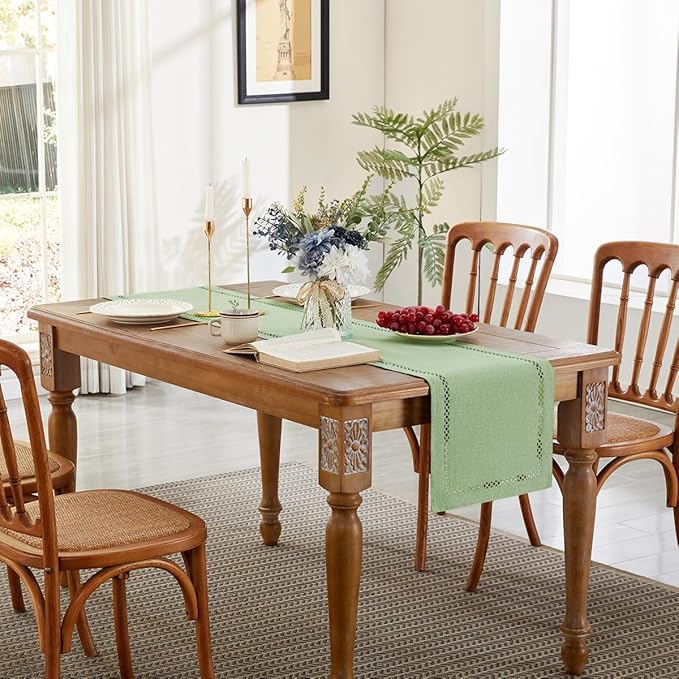 Burlap Style Farmhouse Table Runner, 13 x 72 Inch Avocado Green, Rustic Geometric Hollow Table Runners 72 Inches Long for Dresser Table Everyday Use, 13x72 Inches, Avocado Green