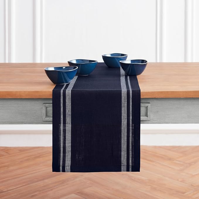 Solino Home Linen Table Runner 90 Inches Long - French Stripe, 100% Pure Linen White and Navy Farmhouse Table Runner 14 x 90 Inch Ideal for Dining, Christmas, Holiday, Winter, New Year