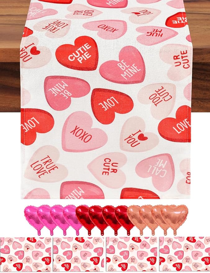 Pink Ture Love Heart Valentine's Day Table Runner 13"x72" & 4 Pcs 12"x18" Placemats Sets with 12 Heart Balloons, Love Letter Balloons, Stickers & Blowing Straw for Home Party Decor