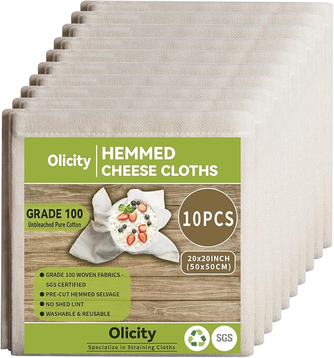 Olicity Cheesecloth Bulk, 10PCS, Grade 100, 20x20Inch Hemmed Cheese Cloths Fabric Reusable Fine Mesh Cloth,100% Cotton Unbleached Precut Muslin Bulk Cheesecloth Roll for Straining, Cooking, Yogurt