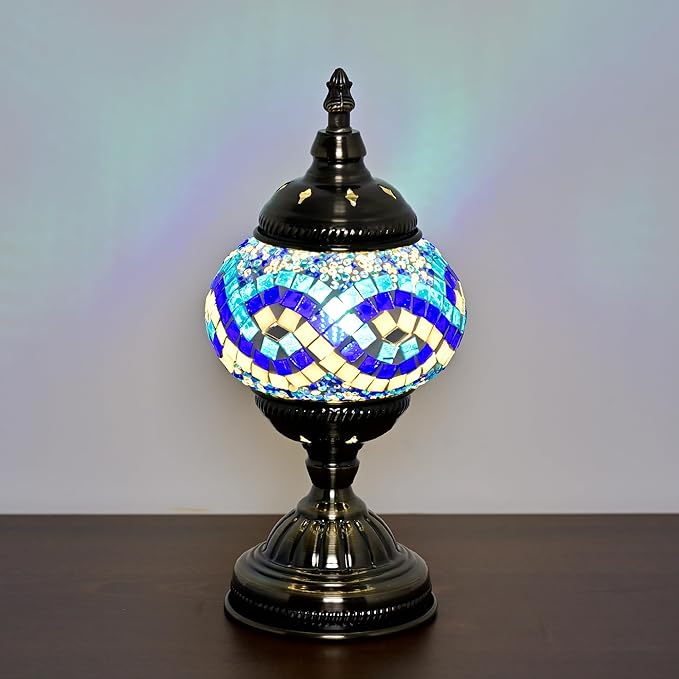 Turkish Moroccan Table Lamp Lantern with Handmade Mosaic Glass Lampshade Tiffany Style Bohemian Stained Glass Decorative Desk Lamps Bedside Night Lights for Bedroom (White Multiple Blues)