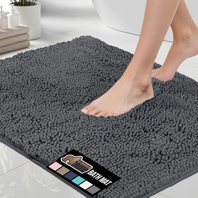 GORILLA GRIP Bath Rug Mat 60x17, Soft Absorbent Chenille, Quick Dry Microfiber Mats, Rubber Backing Washable Shower Floor Rugs, Bathmat Runner, US Designed Bathroom Home Decor Accessories Charcoal