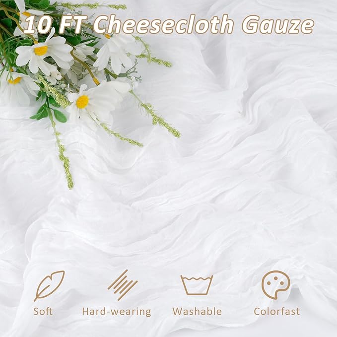 White Cheesecloth Table Runner, 120 Inch 10 FT Boho Rustic Cheesecloth Gauze, Cheese Cloth Runner for Wedding Spring Easter Baby Bridal Shower Party Decoration, 1 Pack