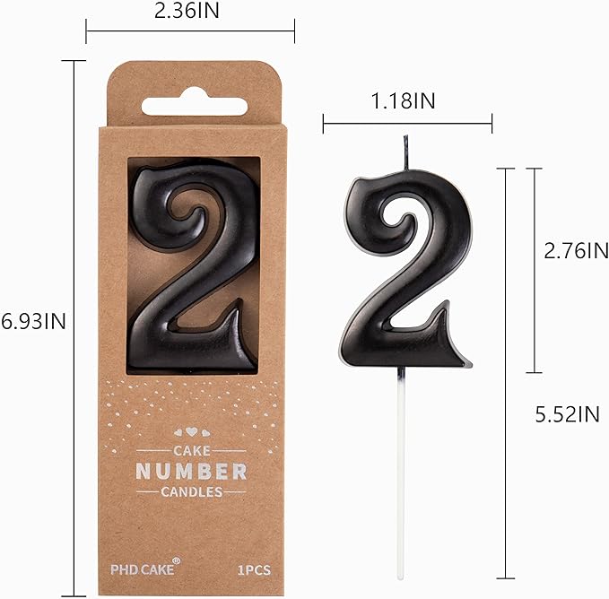 PHD CAKE 2.76 Inch Elegant Black 2 Number Birthday Candles, Black Number Candles, Cake Number Candles, Party Celebration