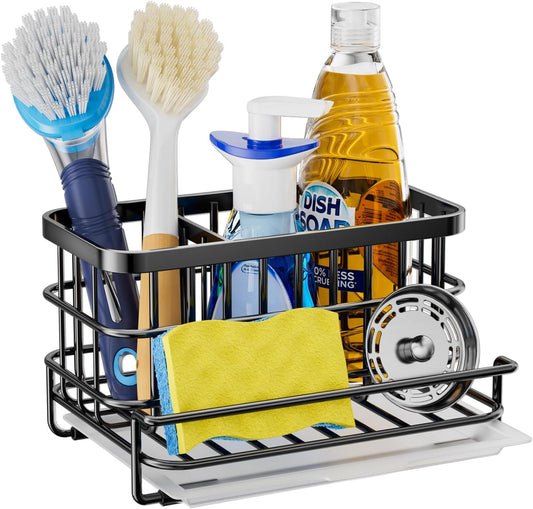 HapiRm Kitchen Sink Organizer, SUS304 Stainless Steel Rustproof Multifunctional Sink Caddy with Sponge Holder and Drain Tray for Kitchen Countertop (Black)