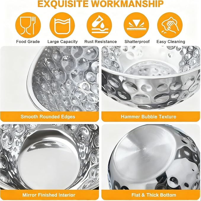 5 Pack Stainless Steel Mixing Bowls Set, Hammered Silver Finish, Nesting Design Metal Salad Bowls Set, 1.6-5 QT Capacity, Dishwasher Safe for Cooking, Serving, Food Containers Meal Prep Kit (Silver)