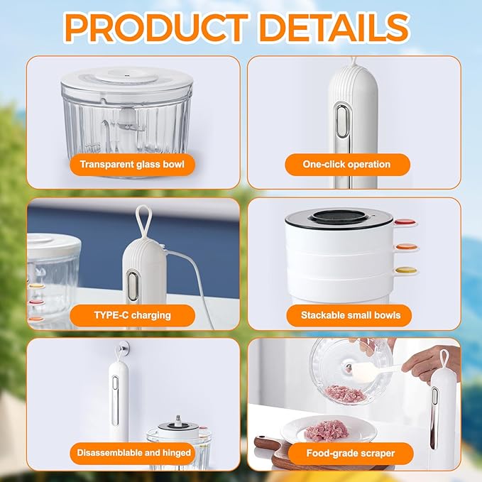 Food Processor Glass, Electric Food Chopper with 4 Bowls(8 Cup + 3 x 0.5 Cup) 2 Stainless Steel Blades USB Rechargeable Meat Grinder & Vegetable Chopper for Kitchen