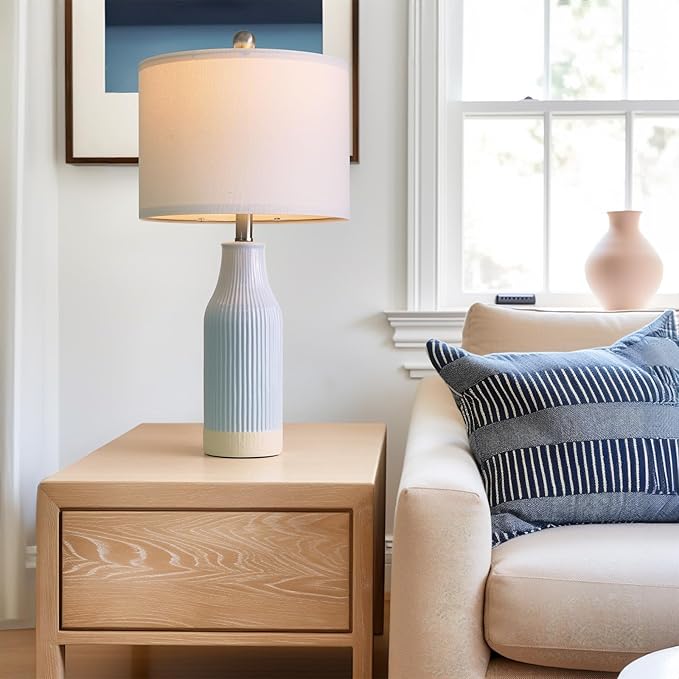 23.75inch Light Blue Modern Ceramic Bedside Lamp Set of 2 for Bedroom Decor Farmhouse Table Lamp for Living Room Office Dorm