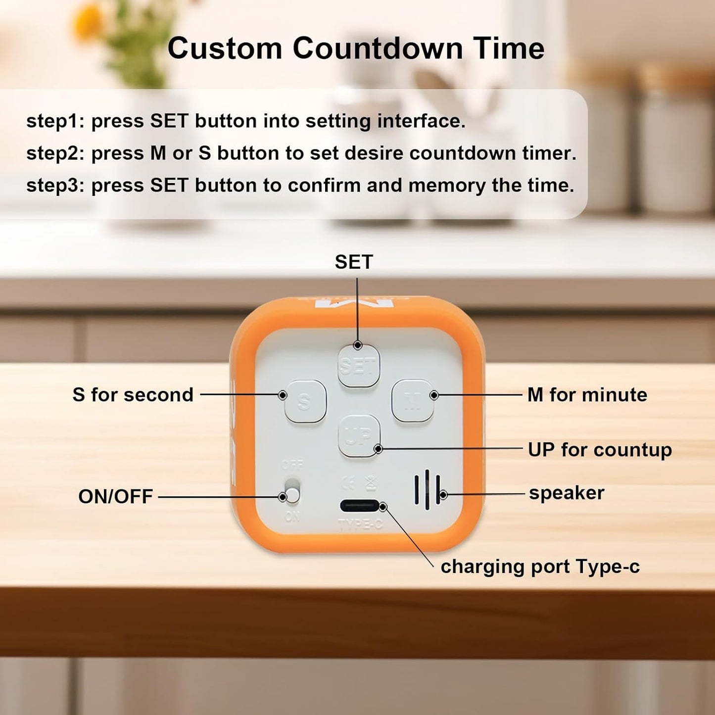 Rotating Cube Visual Timer 5, 25, 10 50 Minutes Preset + Custom Countdown, Rechargeable Desk Productivity Flip Timer with Detachable Silicone Cover for ADHD Study Work Kitchen School (Black)