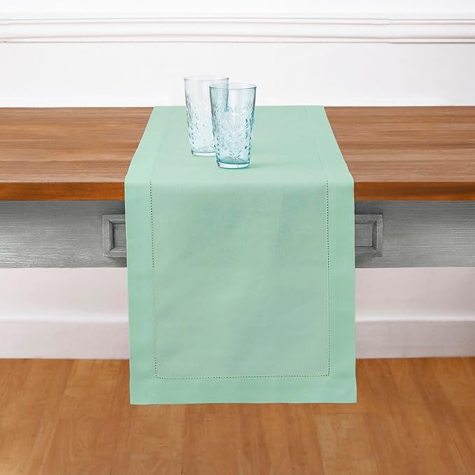 Solino Home Table Runner 108 Inches Long - Cotton Linen Hemstitch Aqua Table Runner 14 x 108 Inch