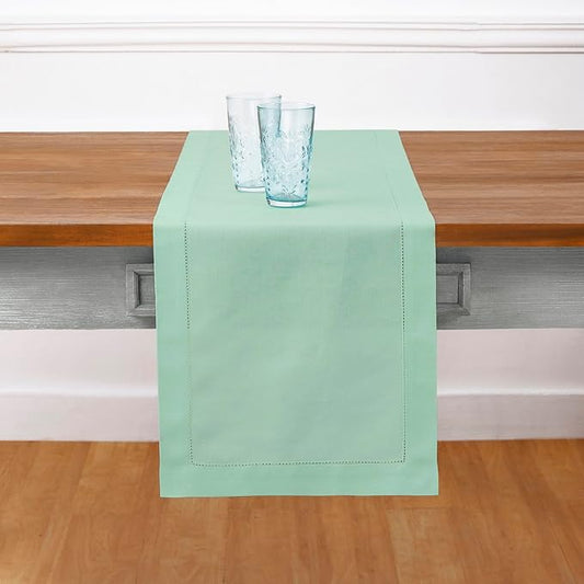 Solino Home Table Runner 108 Inches Long - Cotton Linen Hemstitch Aqua Table Runner 14 x 108 Inch