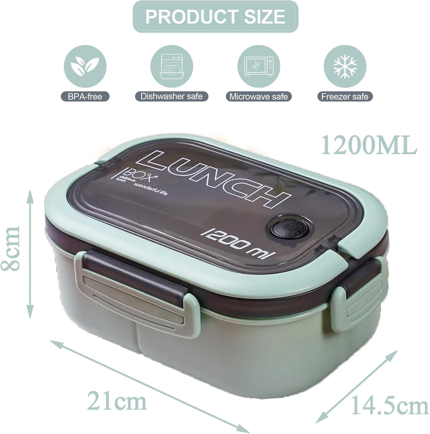 Bento Box Adult, Lunch Box for Men and Women, 1200ML Leak-proof Double-layered with Handle Lunchbox, Reusable BPA-Free Lunch Container, Microwave/Dishwasher Safe, Snack Box with Cutlery Set, Green