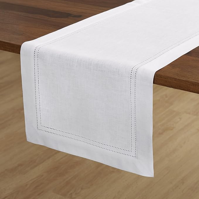 Solino Home Linen White Table Runner 90 Inches Long - 100% Pure Linen Double Hemstitch 14 x 90 Inch Table Runner for Dining, Christmas, New Year