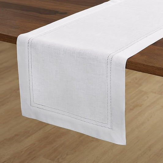 Solino Home Linen White Table Runner 120 Inches Long - 100% Pure Linen 14 x 120 Inch Table Runner for Christmas, New Year - Double Hemstitch