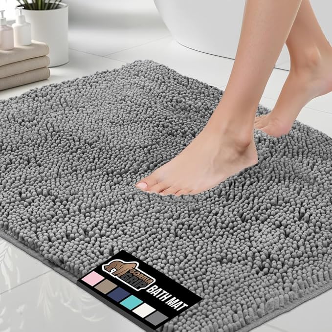 GORILLA GRIP Bath Rug Mat 44x26, Thick Soft Absorbent Chenille, Quick Dry Microfiber Mats, Rubber Backing Washable Shower Floor Rugs, Bathmat Runner, US Designed Bathroom Home Decor Accessories Grey