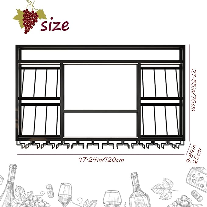 Wall Mounted Wine Racks with Glass Holder, 3 Tier Wine Storage Display Rack, Floating Rustic Metal Bar Liquor Shelves, for Home Bar, Wine Kitchen Storage (Gold, 47.24x27.55x9.8in)