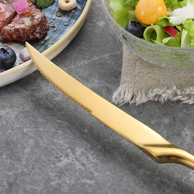 Lemeya Stainless Steel Gold Steak Knives Set of 6,Forge Steak Knife,Serrated Steak Knives Set,6 Piece Heavy Steak Knives-10 inch,Mirror Polished,Dishwasher Safe
