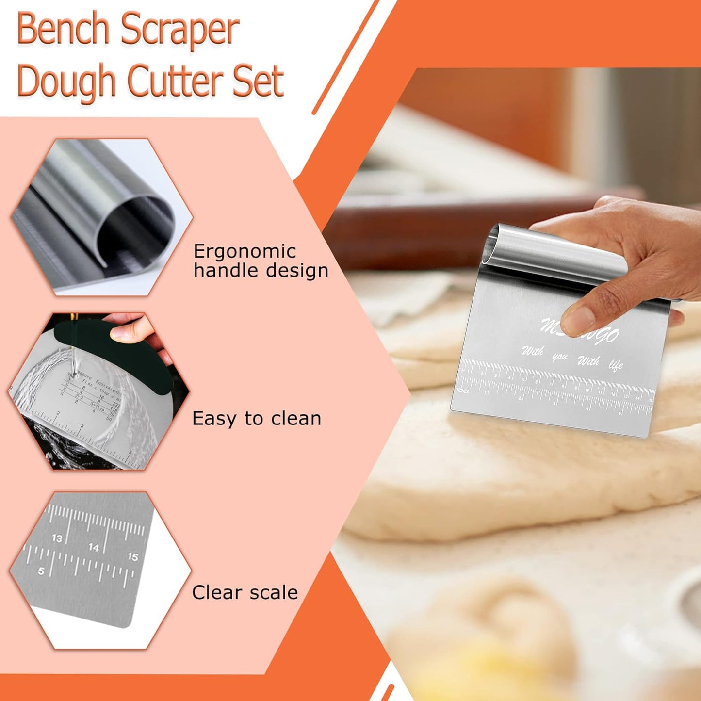 Dough Scraper Cutter Pastry Pizza Cutter Stainless Steel Tool with Scale Ruler, Kitchen Tool for Baking Cookie Dough Vegetable Bread