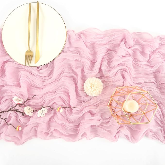 12 Pack 10Ft Light Pink Cheesecloth Table Runner 35 x 120 inch Boho Gauze Cheese Cloth Table Runner Vintage Rustic Sheer Runners for Wedding Bridal Shower Birthday Party Cake Table Decorations