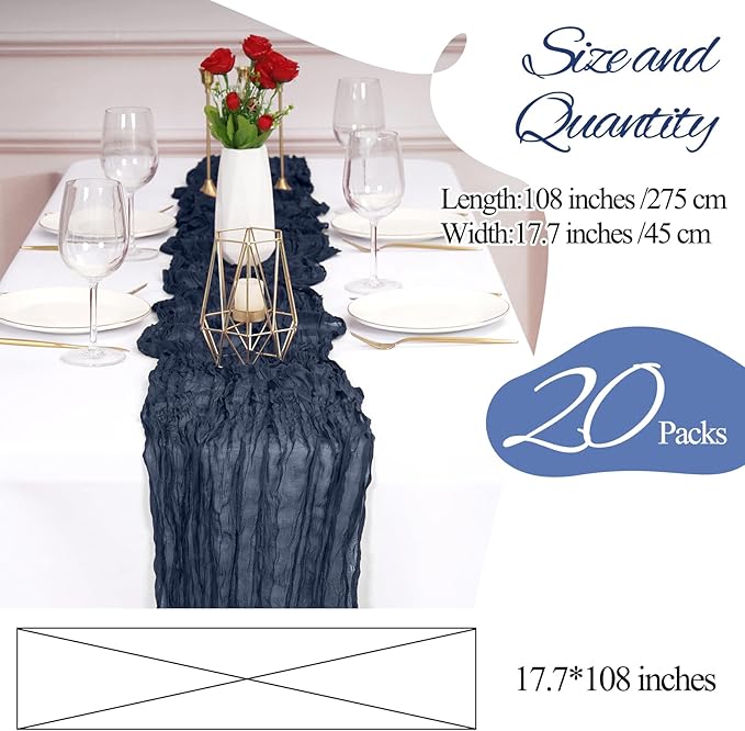 20 Pack Cheesecloth Table Runner Navy Blue, Rustic Boho Gauze Fabric Table Runner Romantic Table Runner For Wedding, Festival, Birthday, Anniversary, Dinner and Outdoor Events (17.7 x 108 inch)