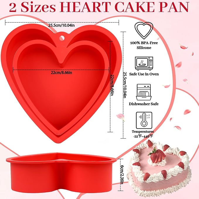 2Pcs Heart Shaped Cake Pans, 8 & 10 inch Heart Cake Pans Silicone Cake Mold with Hanging Hole, Reusable Baking Pans for Valentine's Day