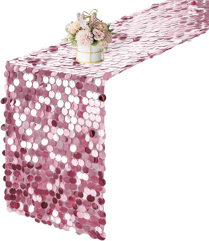 12 x 108 Inch Pink Sequin Table Runner Glitter Rectangle Big Sequin Table Runner for Wedding Party Birthday Christmas Halloween Decoration (1 Pack)
