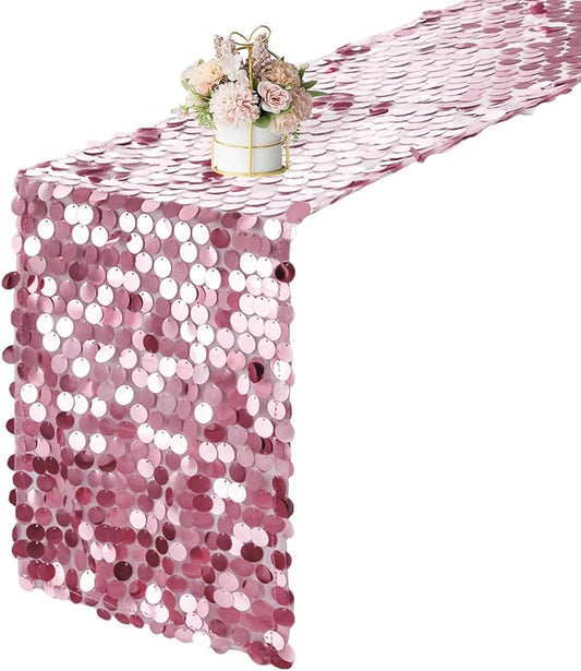 12 x 108 Inch Pink Sequin Table Runner Glitter Rectangle Big Sequin Table Runner for Wedding Party Birthday Christmas Halloween Decoration (1 Pack)