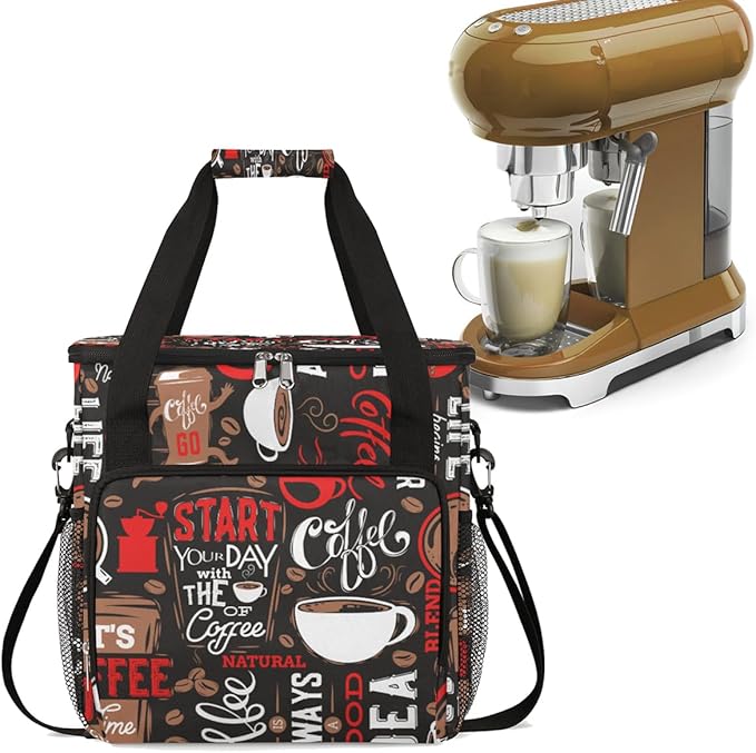 Red Start Day With Coffee Coffees Maker Carrying Bag Coffee Machine Travel Storage Tote Bag Compatible with K-Mini or K-Mini Plus, Portable Single Serve Coffees Brewer Case with Pockets for K-Cup Pods