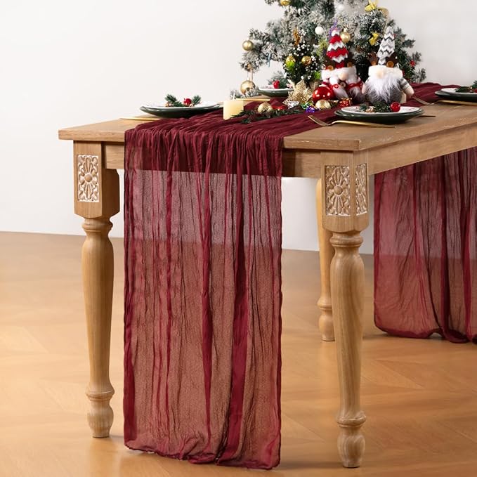 Burgundy Red Cheesecloth Table Runner 4 Pack Christmas Red Table Runners Boho Gauze 120 Inches Cheese Cloth Table Decor for Xmas Holiday Season Parties Weddings Candlelight Dinner