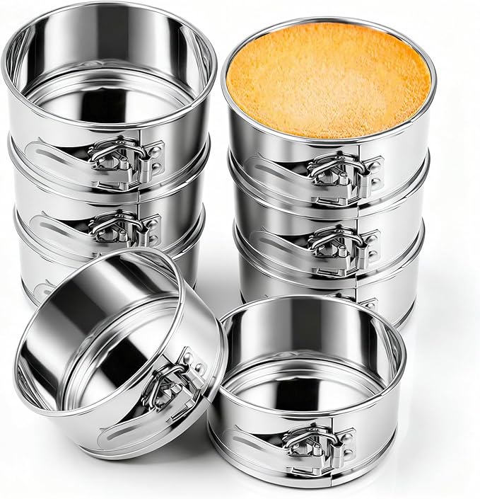 Sunnyray 4 Inch Springform Pan for Baking Mini Cheesecake Pans with Removable Bottom Nonstick Leakproof Round Cake Mold Spring Form Molds for Mini Cheesecake Pizza and Quiches (Stainless Steel,8 Pcs)