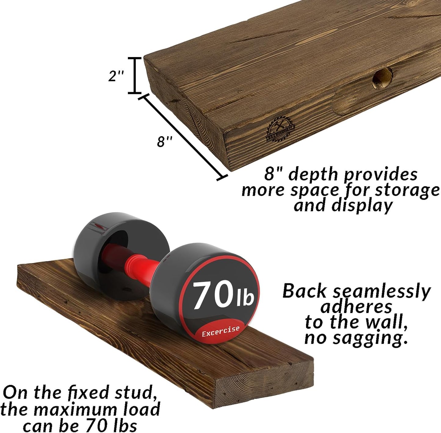 Floating Shelves 48 inch Long 8 "deep Set of 2, Heavy Duty Wood Wall Mounted Shelves for Bathroom Living Room Kitchen,Book Shelves with Thickened Hidden Bracket-Distressed Walnut