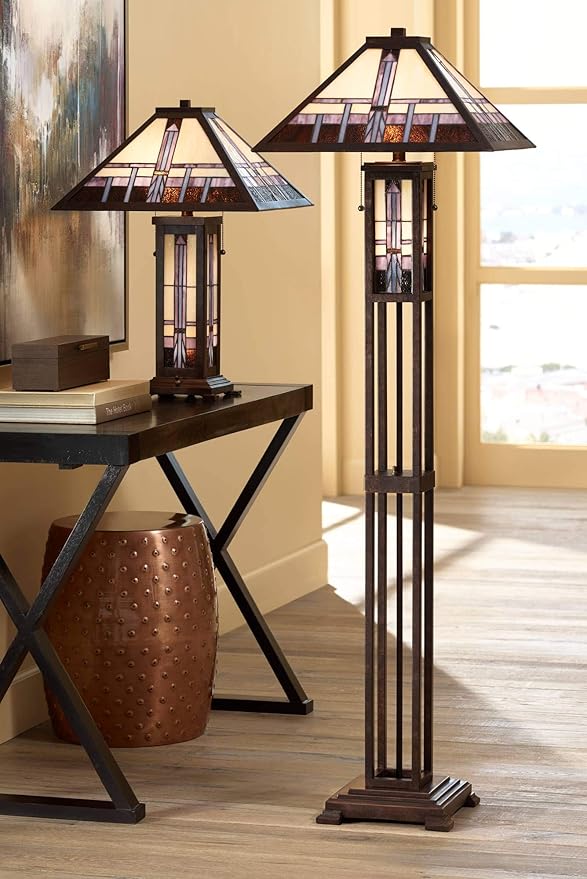 Robert Louis Tiffany Alfred Mission Tiffany Style Table Lamp with Nightlight 26" High Bronze Metal Antique Stained Glass Shade Decor for Living Room Bedroom House Bedside Home (Color May Vary)