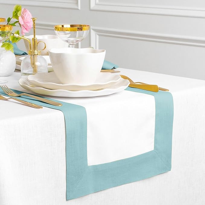 Solino Home Linen Table Runner 60 Inches - 100% Pure Linen Aqua Blue and White Short Table Runner 14 x 60 Inch Ideal for Dresser and Coffee Tables - Contempo