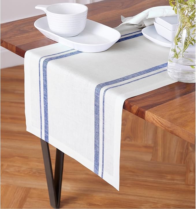 Solino Home Linen Table Runner 72 Inches Long - 100% Pure Linen Navy and White French Stripe Table Runner 16 x 72 Inch for Dining, Dresser