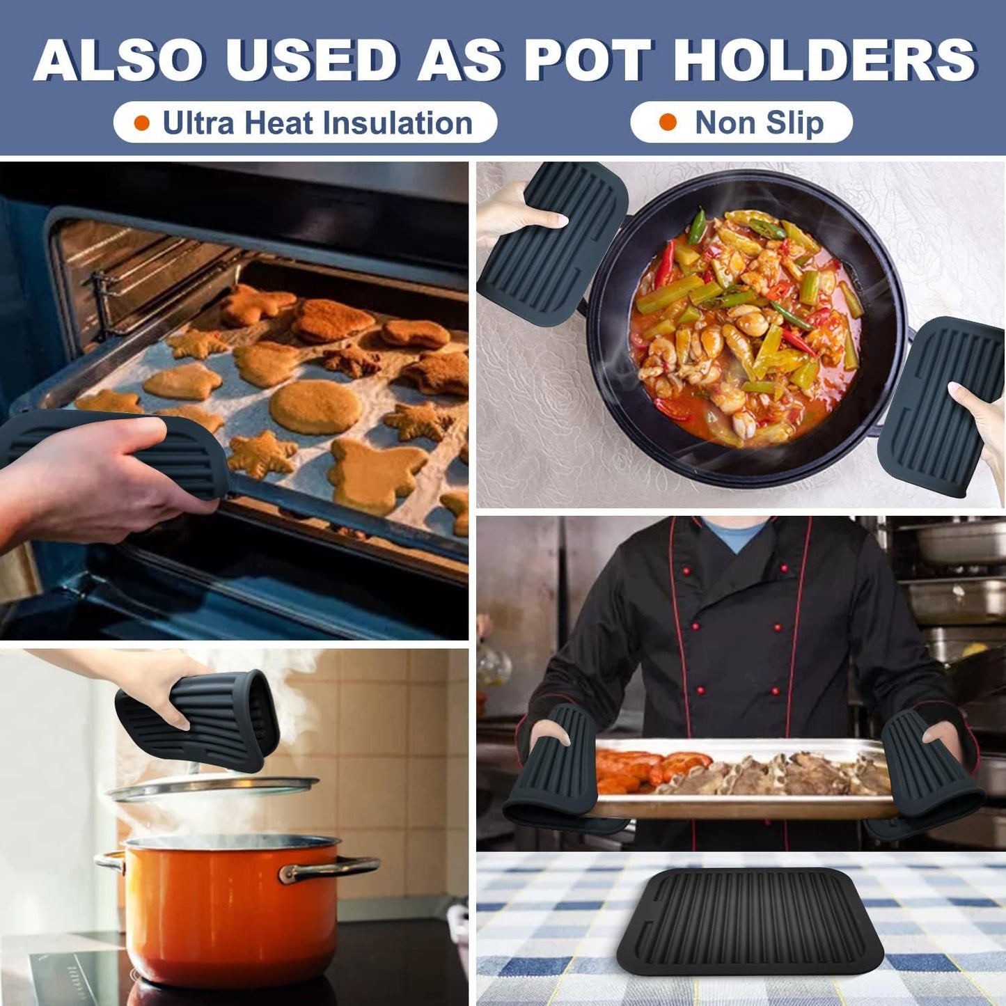 Walfos Trivets for Hot Dishes, Multi-Purpose Silicone Trivet, Heat Resistant Pot Holders for Kitchen, Non-Slip Hot Pads for Hot Pots and Pans, Quartz Countertops, 4 Pack, Black
