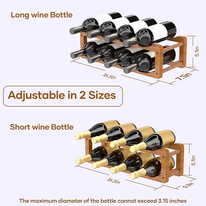 Wine Rack, 2 Tier 8 Bottle Wooden Wine Storage Cabinet Shelf, Adjustable in 2 Sizes Countertop Wine Holder, Easy-Assembly Freestanding Wine Organizer for Kitchen Pantry Dining Room Bar