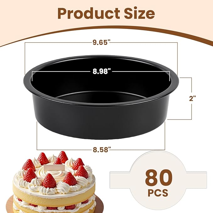 9 Inch Cake Pan Set of 2 - Nonstick Carbon Steel Round Cake Baking Pans with 80 PCS Parchment Paper, Dishwasher Safe, Durable for Large Layer Cakes, Birthday & Christmas Baking