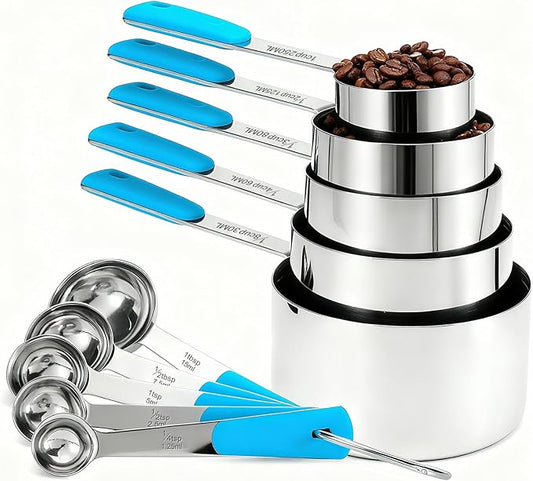 Measuring Cups and Spoons Set Stainless Steel 10 Piece for Cooking and Baking (5 Cups + 5 Spoons, Light Blue Handle)