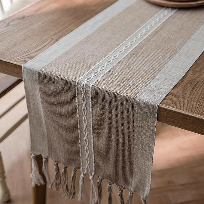 Niviy Farmhouse Table Runner, Embroidered Striped Braided Coffee Boho Table Runner, Cotton Linen Farmhouse Table Decoration for Holiday Party 12 x 48 Inches