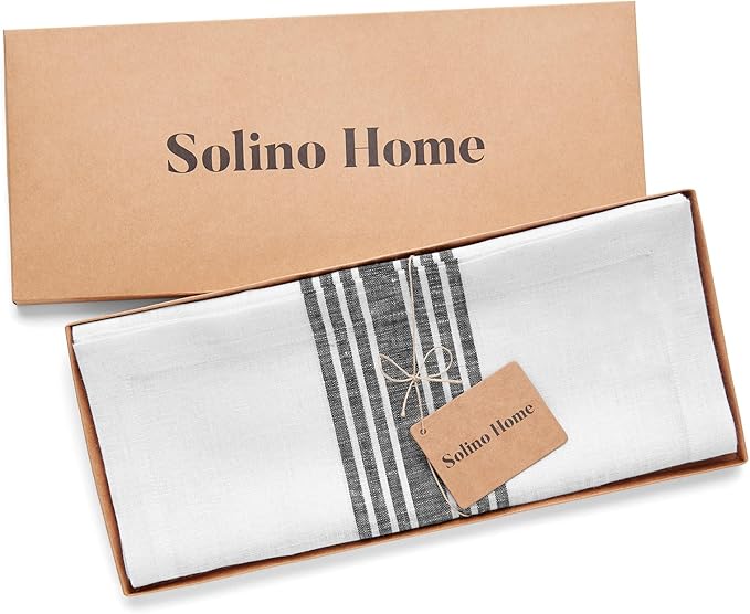 Solino Home Linen Table Runner 108 Inches Long - 100% Pure Linen Black and White Farmhouse Table Runner 14 x 108 Inch for Dining