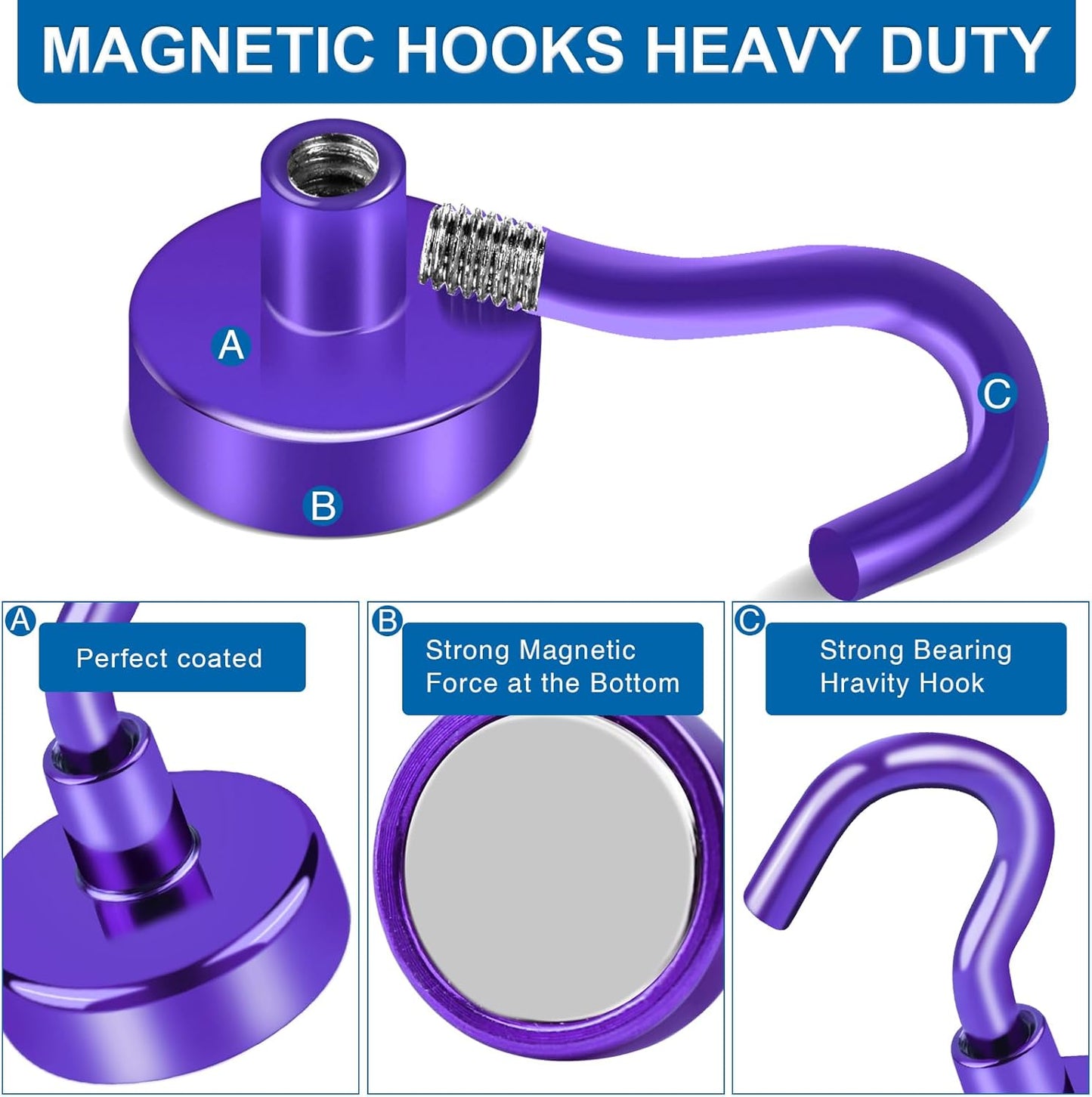 LOVIMAG Cruise Ship Essentials, 80Lb Magnetic Hooks for Cruise Cabins, Purple Strong Magnetic Hooks for Hanging, Refrigerator, Celling, Grill, Fridge, Kitchen-4Pack