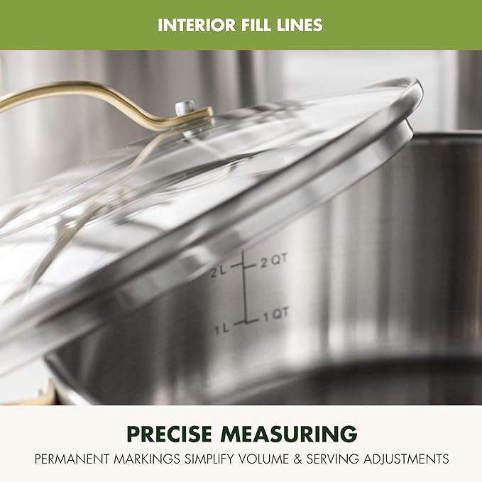 GreenPan Stainless Steel Cookware Set, 11 Piece, Induction Cookware, Dishwasher Safe, Oven Safe to 600F, Large 8QT Stock Pot, Sauce, Saute, Frying Pans, Pots & Pans Kitchen Essentials, Gold
