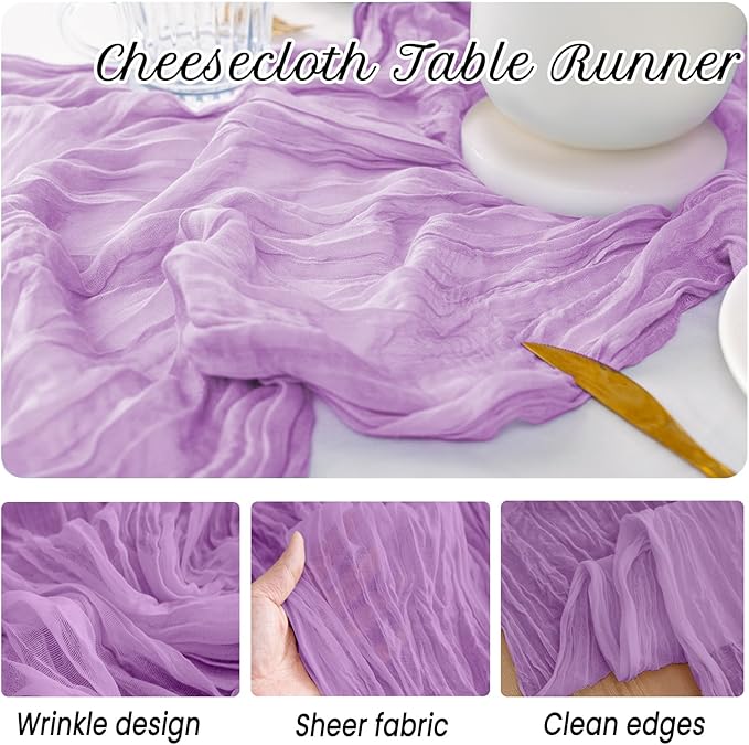 12 Pack Lavender Table Runner 10FT Cheesecloth Table Runner 21 x 120 inch Boho Gauze Cheese Cloth Table Runner Rustic Sheer Table Runner for Party Wedding Bridal Baby Shower Birthday Table Decor