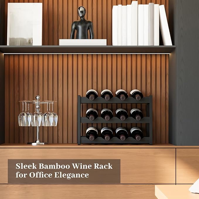 Wine Rack，Bamboo Wine Storage Cabinet Shelf，Countertop Wine Shelf- Freestanding Wine Holder for Kitchen & Pantry (Black, 3-Tier)