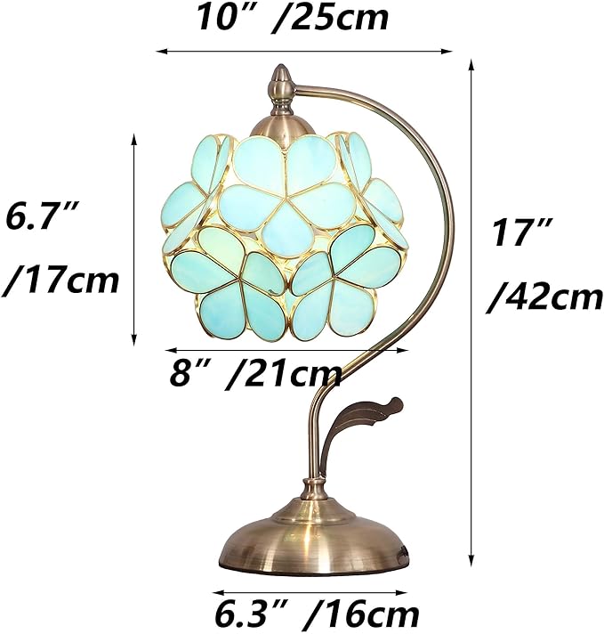 Bieye L10752 Tiffany Style Stained Glass Flower Petal Table Lamp with Brass Base for Home Décor (Sky Blue, 8" Cherry Blossom)