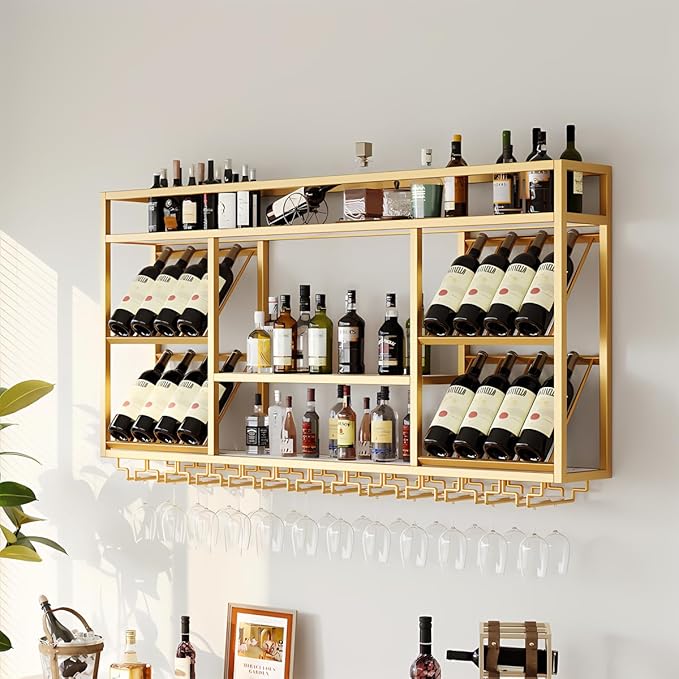 Wall Mounted Wine Racks with Glass Holder, 3 Tier Wine Storage Display Rack, Floating Rustic Metal Bar Liquor Shelves, for Home Bar, Wine Kitchen Storage (Gold, 47.24x27.55x9.8in)