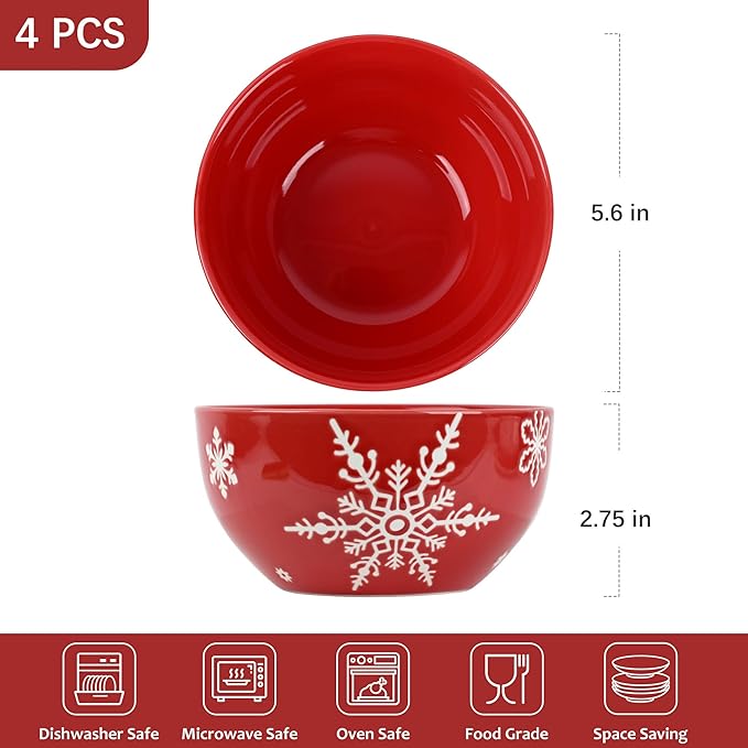 4 Pcs Christmas Cereal Bowls, 23 Oz Ceramic Bowl Set, Deep Serving Bowls, White Red Snowflake Xmas Holiday Soup Bowls for Salad, Dessert, Pasta, Ice Cream, Dishwasher and Microwave Safe