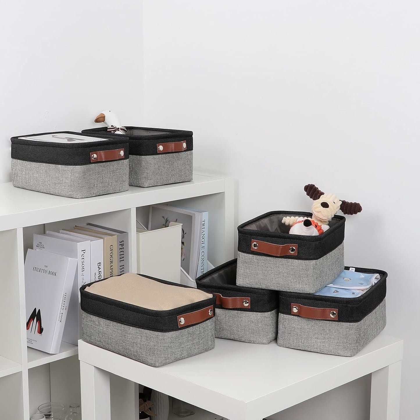 DULLEMELO Small Storage Baskets for Shelves, Small Fabric Collapsible Rectangular Storage Bins for Shelves, Closets, Nursery, Home, Office, Empty Gift Baskets (6-Pack, Black&Gray)